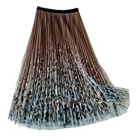 Vintage 3 Layers Mesh Long Skirt Women Printed A Line High Waist Pleated Midi Skirt Female