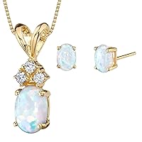 PEORA 14K Yellow Gold Created White Opal Pendant and matching Earrings - Oval Shaped Created White Opal Diamond Pendant 0.55 Carat + Oval Shaped Created White Opal Stud Earrings 1 Carat