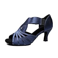 TDA Women's Mid Heel Peep Toe Slip-on Rumba Samba Salsa Ballroom Modern Latin Dance Shoes