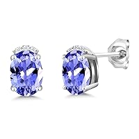 Gem Stone King 925 Sterling Silver Blue Tanzanite and White Lab Grown Diamond Women Earrings (1.56 Ct Oval 7X5MM)