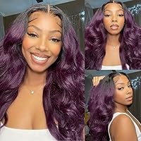 Smokey Deep Purple Ombre 13x4 Lace Front Body Wave Wig Human Hair Wigs For Women,Purple with Black Roots Colored Lace Frontal Wigs 150% Density Pre Plucked with Baby Hair 16 inch