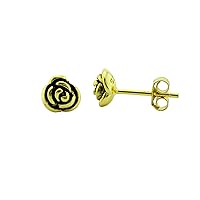 Sterling Silver Rose Flower Stud Earrings - 7mm (Yellow Gold Plated)