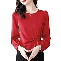 Women's Fashion Chiffon Top Casual Solid Crewneck Puff Sleeve Pleated Patchwork Blouses Elegant Work Shirts