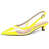WAYDERNS Women's Patent Leather Transparent Clear Pointed Toe Patchwork Ankle Strap Slingback Low Kitten Heel Pumps Shoes 1.5 Inch