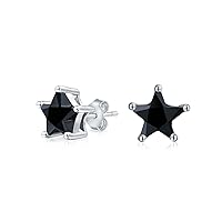 Small Celestial American Patriotic USA Cubic Zirconia Black CZ Star Stud Earrings For Women For Men Women .925 Sterling Silver 6, 7, 8 MM