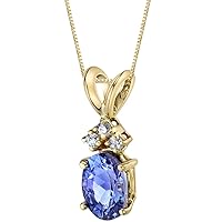 PEORA 14K Yellow Gold Tanzanite and Diamond Pendant, Genuine Gemstone Dainty Solitaire, Oval Shape, 7x5mm