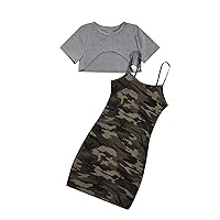 SweatyRocks Girl's 2 Piece Outfits Short Sleeve Crop Top Tee and Camo Print Cami Dress Set