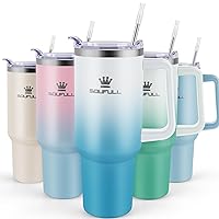 40 oz Tumbler with Handle and Straw Lid, 100% Leak-proof Travel Coffee Mug, Stainless Steel Insulated Cup for Beverages, Keeps Cold for 34Hrs or Hot for 10Hrs, Dishwasher Safe (WhiteBlue)