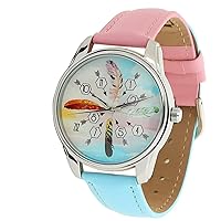 ZIZ Blue Pink Feather Watch Unisex Wrist Watch, Quartz Analog Watch with Leather Band