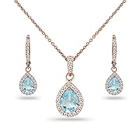 B. BRILLIANT Sterling Silver Genuine, Simulated Gemstone Halo Dainty Pear Teardrop Necklace & Earrings Jewelry Set for Women Girls with Gift Box