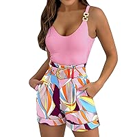 Womens 2 Piece Outfits Summer Casual Cropped Halter Tank Tops High Waist Shorts Set with Belt Floral Beach T-Shirt