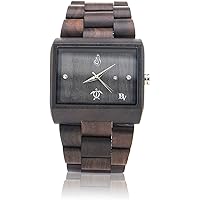 Wooden Wrist Watch for Men - Rectangular Shape Natural Black Sandalwood/Sapphire Crystal Dial Window/Wood Watch Band/Analog Citizen Movement - Includes Logo Stamped Box