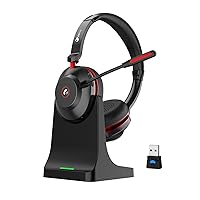 Bluetooth Headset, Wireless Headset with Microphone Dual Noise Canceling & USB Dongle, 45H QCC Bluetooth Headphones with Busy Light & Charging Base, Teams Answer for Work/Office/PC/Meeting/Zoom