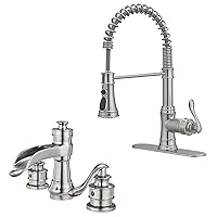 Bathroom Sink Faucet Brushed Nickel Waterfall Single Hole with Brushed Nickel Kitchen Sink Faucet with Pull Down Sprayer 3 Mode Outlet