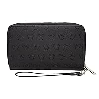 Buckle Down Women's Disney Wallet, Rectangle Zip Around, Mickey Mouse Ears Icon Outline Embossed, Black Vegan Leather, 7.5