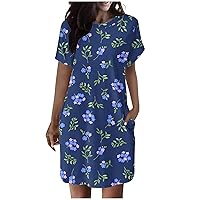 Lenago Summer Dresses for Women 2024, Spring Round Neck Short Sleeve Mini Dress, Beach Casual Loose Sundresses with Pockets