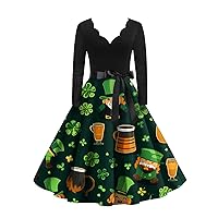 St Patricks Day Dress, Women's Vintage Classic Long Sleeve St. Patrick's Print V-Neck Swing Dress Flowy for Women Sun Dresses Summer Casual Womens Beach Dresses Tank Casual (XXL, Light Brown)
