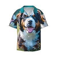 Cute Bernese Mountain Dog Men's Summer Short-Sleeved Shirts, Casual Shirts, Loose Fit with Pockets