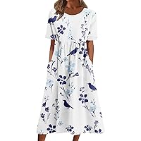 Floral Pockets Dresses for Women Swing Hem Short Sleeves Long Dress Round Neck Party Daily Sun Dresses Vacation