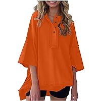 Womens 3/4 Sleeve Oversized Henley T Shirts Summer Button Up Sweatshirts Drop Shoulder Casual Loose Fit Tunic Tops