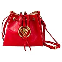 Women's Medium Handbag Italian Designer Purse Bucket Coral Red Genuine Leather Bag in Drawstring Design with Oversized V Logo