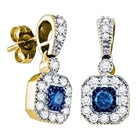 10kt Yellow Gold Womens Round Blue Color Enhanced Diamond Square Dangle Screwback Earrings 5/8 Cttw