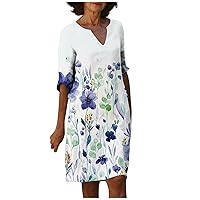 Women's Summer Casual Linen Midi Dress V Neck Short Sleeve Loose T Shirt Dresses Vintage Floral Print Shift Dress