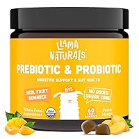 Real Fruit Prebiotic & Probiotic Kids Gummies, No Added Sugar Cane, Vegan Organic Synbiotics, Children Digestion, Toddler Tummy Aches, Gut Health, 2B CFU, 60 ct (30 Days) Peach Mango