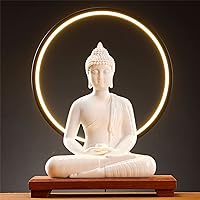 Houlu 12 in White Buddha Statue and 15.74 in LED Circle Table Lamp, Indoor Ceramic Buddha Statues for Home Décor