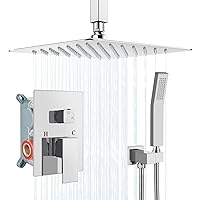 Airuida 12 Inch Square Chrome Polish Shower System Set Rough-in Valve Bathroom Luxury Ceiling Mount SUS304 Ultra-thin Rainfall Shower Head Brass Shower Handheld Hold Rain Mixer Shower Faucet