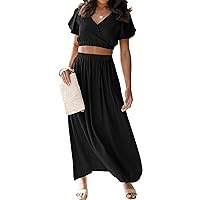 MEROKEETY Women's Summer Two Piece Outfits V Neck Puff Sleeve Crop Top and Flowy Maxi Skirt Set