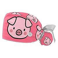 2 Pack Surgical Cap with Button Sweatband, Pigs Head Working Cap Ponytail Holder for Women Long Hair
