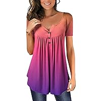 Womens Summer Tops Henley Shirt V Neck Buttons Pleated Flared Plus Size Blouses Cute Tops for Women
