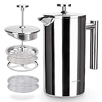French Press Coffee Maker, 304 Grade Stainless Steel Insulated Coffee Press with 2 Extra Screens, 34oz (1 Litre), Silver