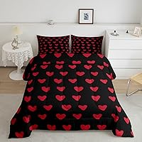 Red Black Comforter Set King Size Cute Heart Pattern Bedding For Girls Women Couple Valentine Day Gift Quilt Cartoon Love Geometric Duvet Insert Love Heart Soft Warm Bedding Sets Bedroom Decor 3Pcs