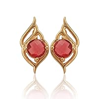 Pink Fuchsia Gemstone Stud Prong Sett Earrings | Gemstone Stud Earrings | Round Shape Gold Plated Jewelry | 150404