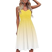 Summer Dresses for Women Gradient Color Spaghetti Strap Sleeveless V Neck Pleated A-line Midi Dress Cocktail Beach Sundress