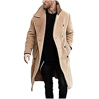Mens Double Breasted Trench Coat Plain Turndown Collar Long Jackets Winter Slim Fit Mid-Length Woolen Overcoats