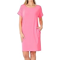 Women's Round Neck Rolled Sleeve Knee Length Tunic Shirt Dress with Pockets (Bright Pink, 1X)