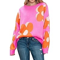 NEZIH Women Flower Printed Sweater Fall Long Sleeve Crewneck Pullover Knit Jumper Top Colorful Sweaters (Color : Pink, Size : L)