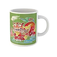 Coffee Mug Shisa Colorfully Dyed Pattern Okinawa Antique Dyeing Goods Japanese 11 Oz Ceramic Tea Cup Mugs Best Gift Or Souvenir For Family Friends Coworkers