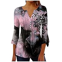 3/4 Sleeve Shirts for Women V Neck Pleated Tops Fashion Printed Flare Sleeve Flowy Tunic Tee Dressy Classy Blouses