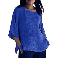 Puff Sleeve Linen Tops for Women Tunic 2024 Plus Size Spring Skirts Crewneck 3/4 Sleeve Party Loose Fit Dress Boho