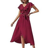 Women's 2024 Summer Casual Dresses V Neck Ruffle Short Sleeve A-Line Flowy Hem Split Beach Long Maxi Dress