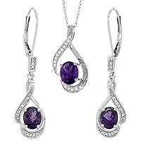 14K White Gold Diamond Natural Amethyst Lever Back Earrings & Necklace Set Oval 7x5mm, 18 inch long