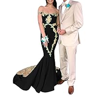 Women's Mermaid Prom Dresses Gold Lace Appliques Party Evening Gowns