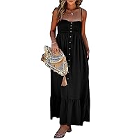 Dokotoo Womens Summer Dresses 2024 Sleeveless Spaghetti Strap Button Down Smocked Beach Long Maxi Dress with Pockets