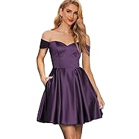 Zoghoo Off The Shoulder Homecoming Dresses for Teens 2024 Short Prom Ball Gown Satin Cocktail Dress with Pockets