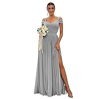 Bridesmaid Dresses for Wedding 2023 Chiffon Off Shoulder V-Neck A-line Long Formal Evening Gowns with Slit