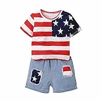 7t Sweat Outfits Summer Boys and Girls Independent Such As The Flag Short Sleeved Top Denim Shorts Set 24 (A, 5-6 Years)